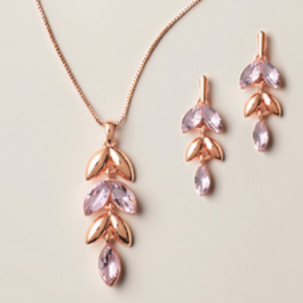 Rose Gold And Pink Leaf Necklace Set